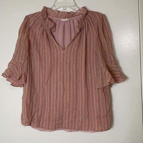 Rebecca Taylor Pink shimmer stripe poplin Silk short sleeve top small - Picture 1 of 5
